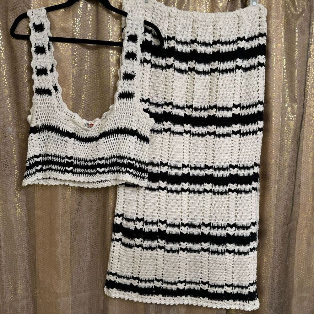 Free People Beach Black Ivory Donni Crochet Knit Sweater Top Skirt Set XL NWOT - Picture 2 of 11